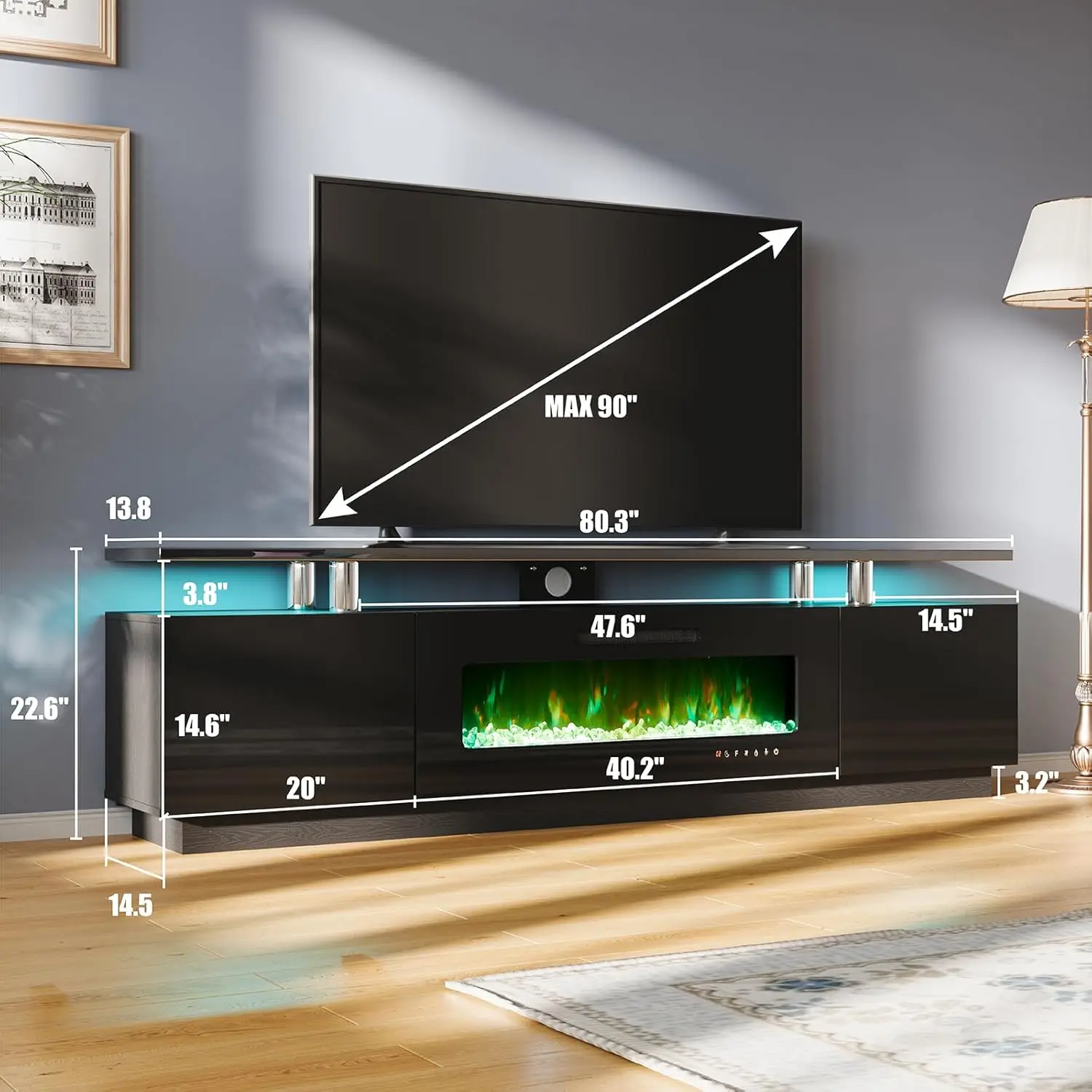 Lareira TV Stand com luzes LED, moderno alto brilho lareira, centro de entretenimento, 40 polegadas, 80 polegadas