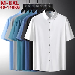 Large Size 8xl Summer Men's Solid Color Short Sleeved Shirt Oversize Loose Elasticity Casual Black White Quick Dry Silk Shirts