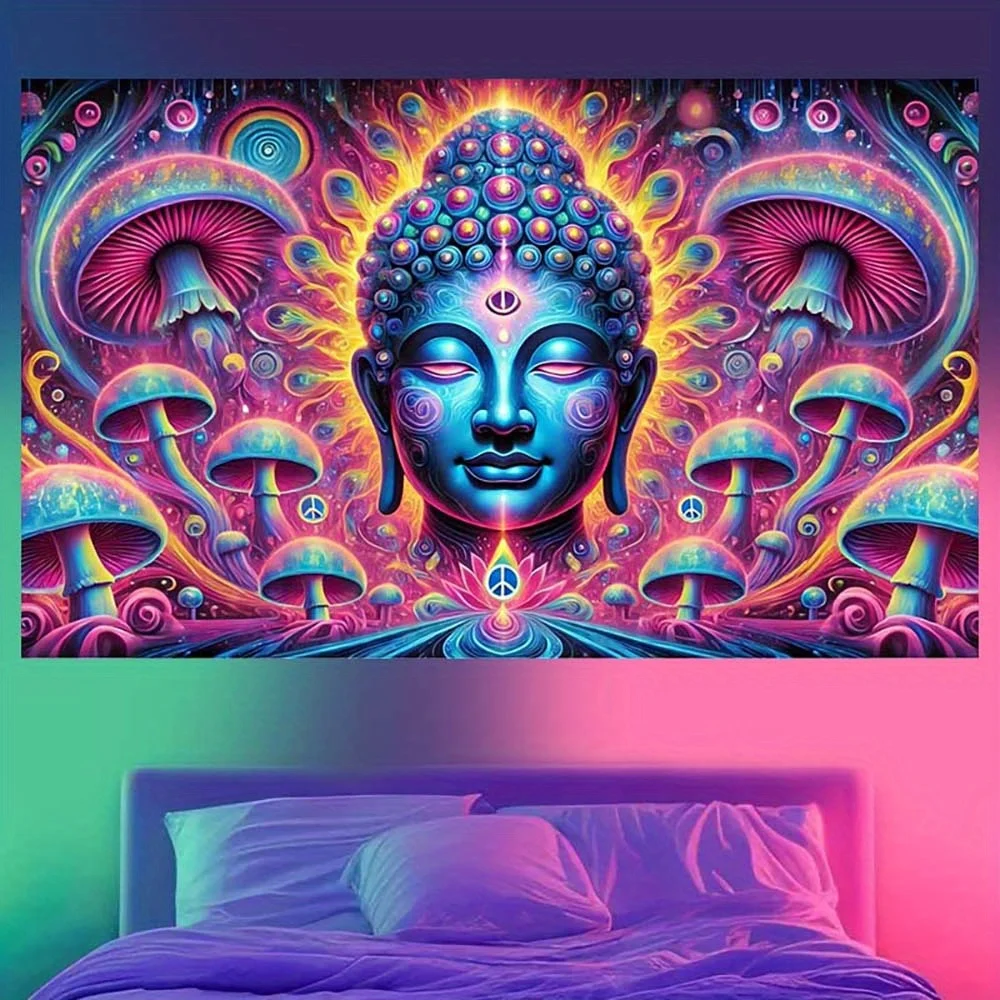 VIKAMA Psychedelischer Buddha-Kopf-Wandteppich, blau, rosa, lila Wirbel, Schlafzimmer, Meditationsraum, Musikstudio-Dekoration