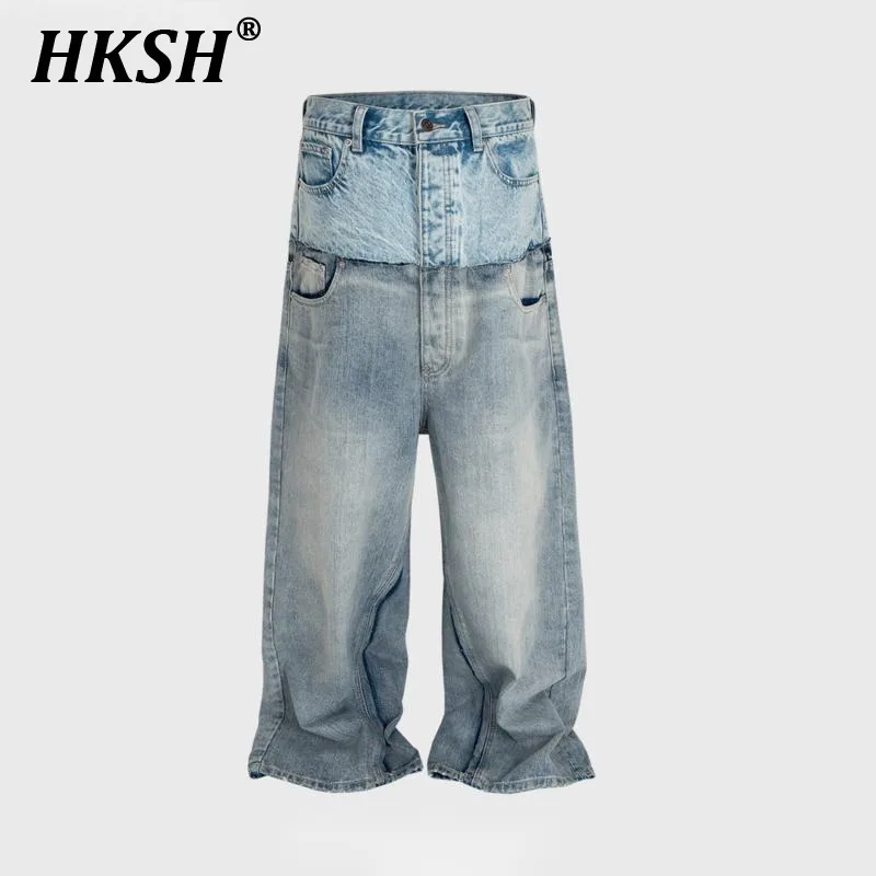 Hksh primavera outono novos homens maré punk rasgado calças jeans feminino emendado dupla camada cintura jeans baggy streetwear chique ins hk3747