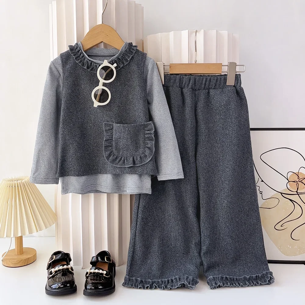 

2025 Spring Autumn New Girl's Clothes Round Neck Long Sleeve Shirt+Lace Pocket Tank Top+Long Pants 3-Piece Set for Kids Aged 3-7