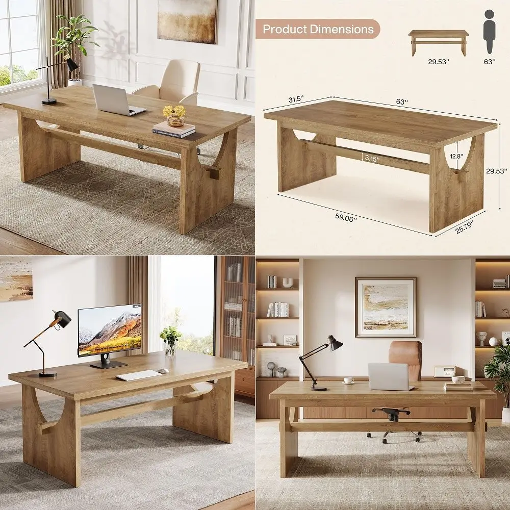 

Executive Office Desk, 63Inch Farmhouse Computer Desk, Large Writing Study Conference Table with Sturdy Legs, Business Workstat