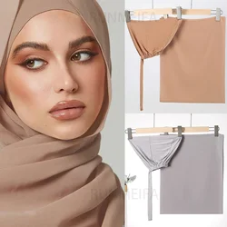 2 Piece Set Plain Color Muslim Chiffon Scarf Hijab Female Islamic Undercap Cover Shawls Wraps for Women Hijabs Hair Scarves