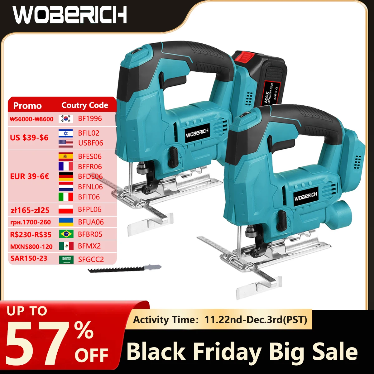 WOBERICH Cordless Jigsaw Electric Jig Saw Portable Multi-Function Woodworking Power Tool Adjustable Woodworking for Makita 18V