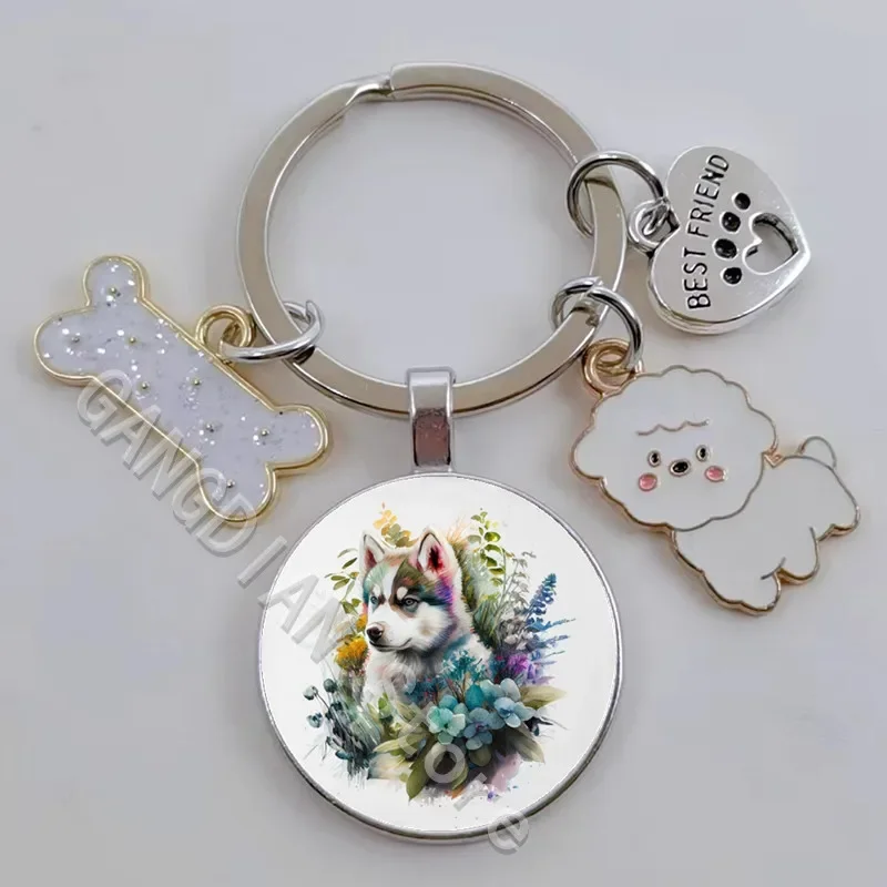 Cute Pet Dog Keychain Best Friend Dog Glass Keychain Gift Key for Dog Lovers, DIY Keychain