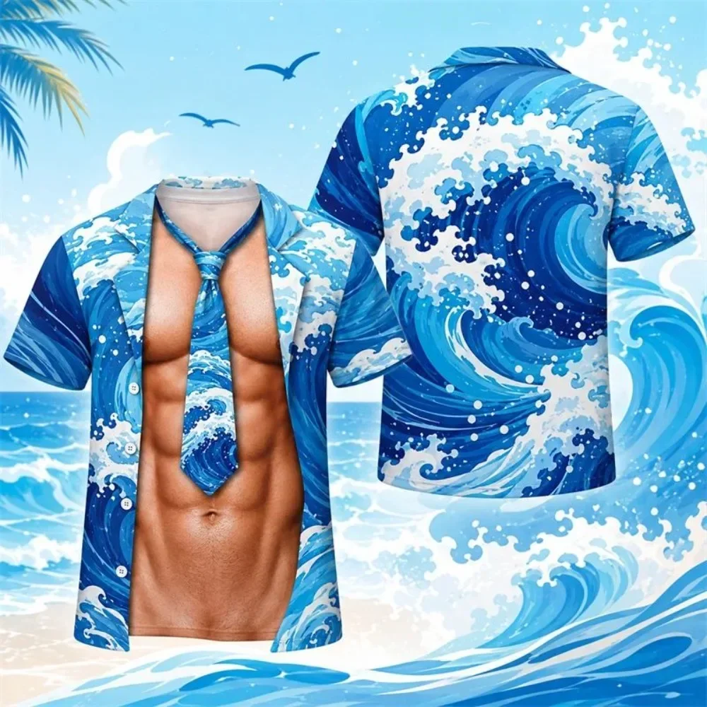 New Men 3D Fake Two Piece Muscle Print T Shirt Funny  Fake Suit Tie Design Short Sleeve Crewneck Tee For Beach Holiday Party