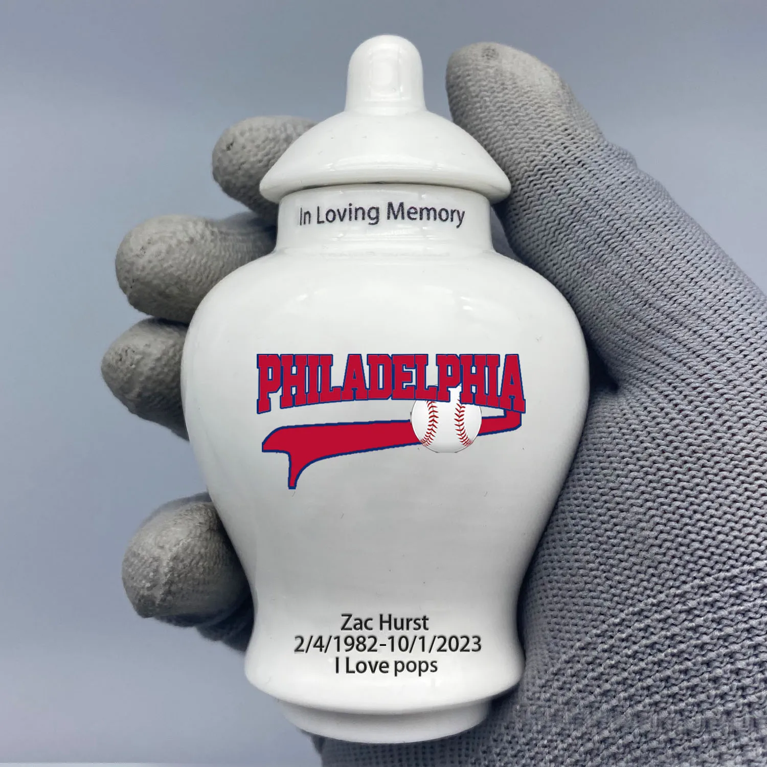 Mini Urn for Philadelphia Phillies-Baseball themed.Please send me the customization information -name/date and number on the urn