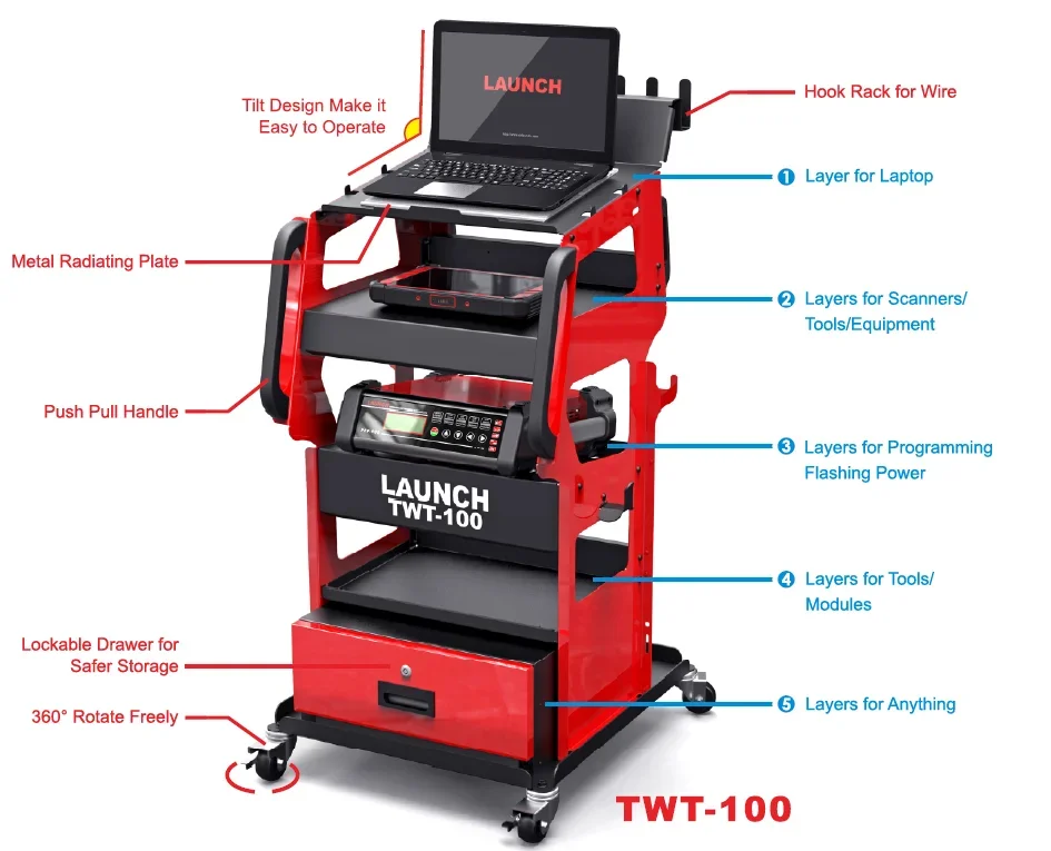 Launch For TWT-100 Multi Purpose Rolling Programming Power Laptop Car Scanner Layer Tool Storage Workshop Tool Trolley