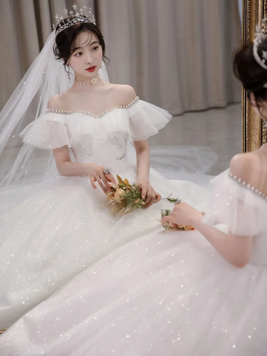 French Main Wedding Dress 2026 New Bridal Light Yarn off-Shoulder Advanced Texture Palace Style Luxury Heavy Work Tail