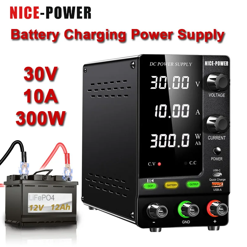 Nice-power Battery Charging DC Power Supply 30V 10A Adjustcble Voltage Stabilizer OCP Output Buzzer USB-A Quick for Phone Repair