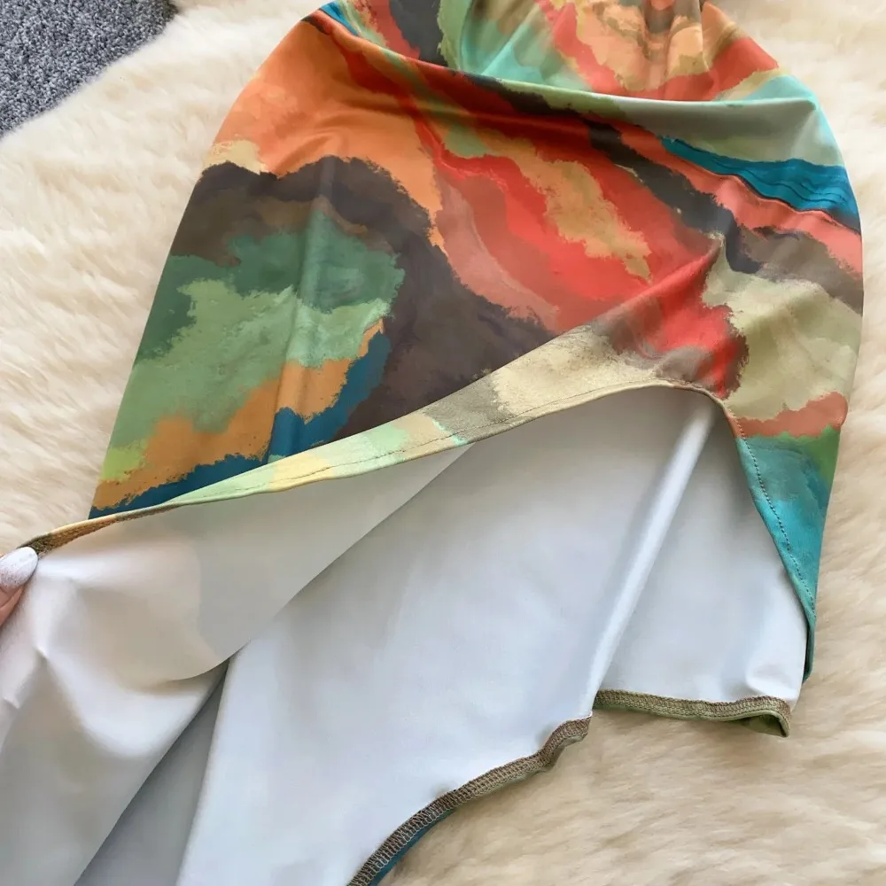 Hotsweet elegante sem mangas sexy halter bandagem com decote em v impressão chique split assimétrico vestidos finos noite roupas de rua alta