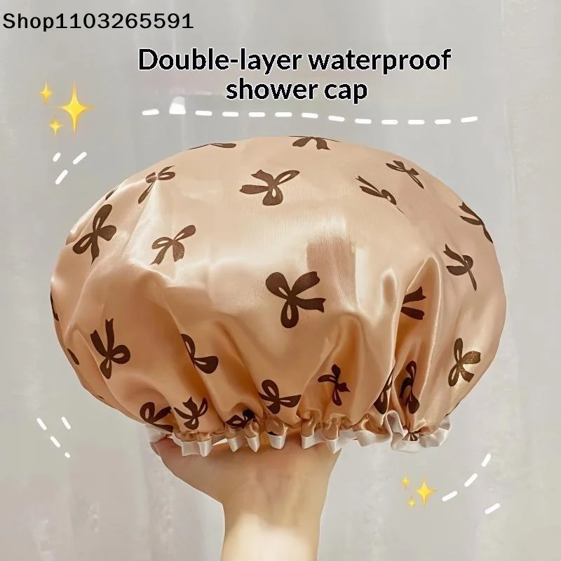 1 Pcs Double Shower Cap Printed Hat Waterproof Shower Cap Reusable Shower Cap Ladies Spa Salon Hair Cap