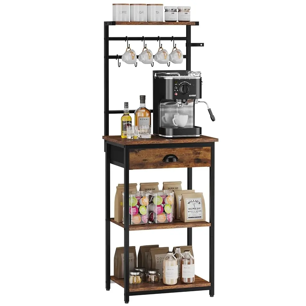 

5 Tier Coffee Bar Station, Coffee Stand With Fabric Drawers, 8 S-Shaped Hooks, Corner Coffee Bar Cabinet, Height Adjustable,