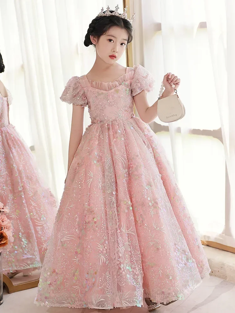 Young Girls Puff Sleeves Pink Ball Gowns Children Princess Birthday Pageant Graduation Party Wear Baby Girls Sequined Long Dress