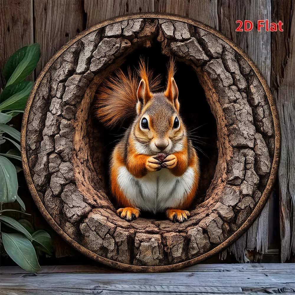 2D Retro Metal Sign Squirrel Eating Nut in Tree Hole Circle Aluminum Wall Art Decor for Cafe Bar Bedroom Gift
