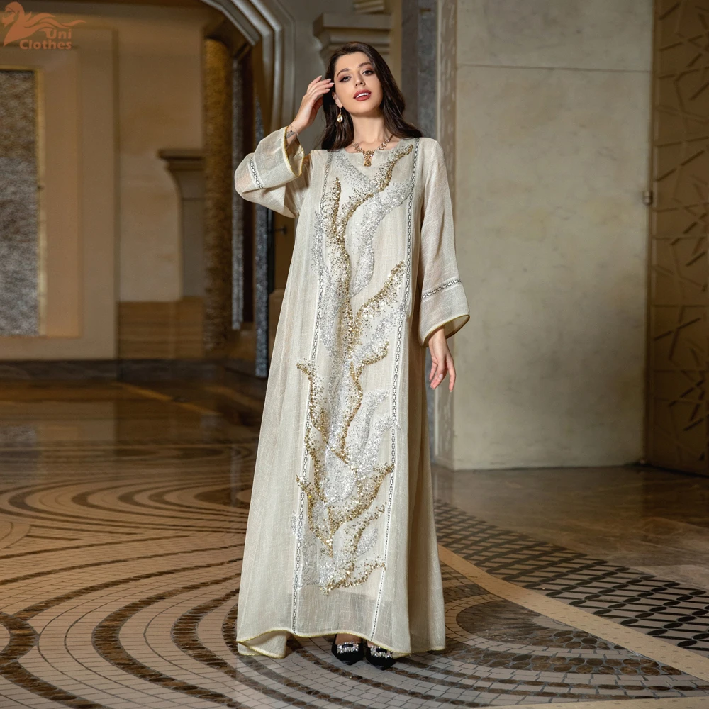 Uni Abaya Dubai فستان سهرة فاخر للنساء للحفلات الراقصة متواضع موضة شبكية ترتر مطرز جديد في فساتين 2025