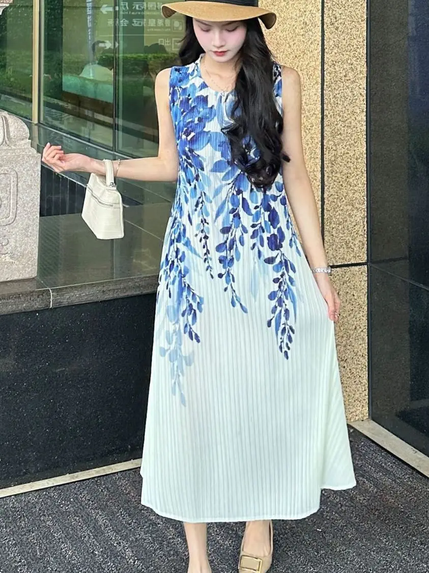 여름 신상 여성 플로럴 프린트 플리츠 드레스 슬리 하이웨이스트 A라인 스커트 통기성 폴리에스터 섬유 슬림핏