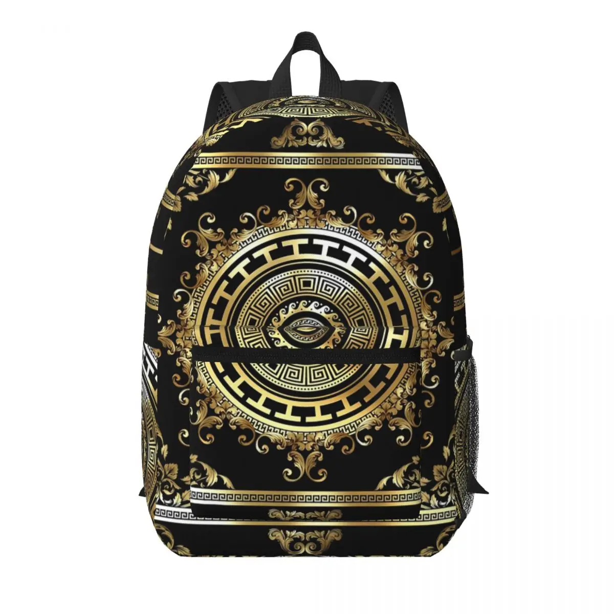 

Greek Keys Black Gold Medallion Meander Baroque Backpack School Bag Hiking Travel Daypack for Men Women Bookbag Shoulder Bags