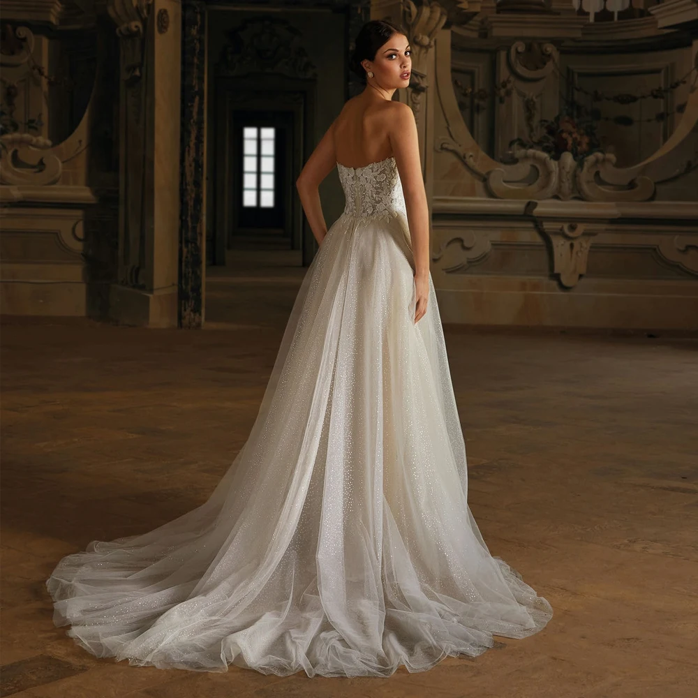 Vestidos de novia personalizados con mangas y hombros descubiertos, Vestido de novia sin tirantes con apliques de encaje y cremallera con abertura lateral