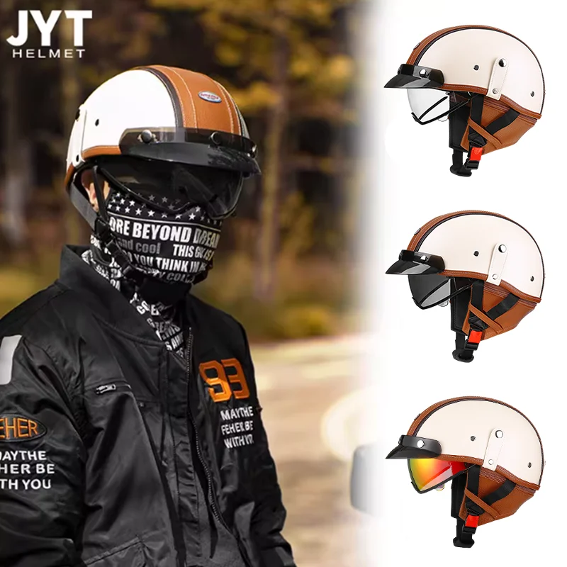 

Premium Leather White Orange Handcrafted Half Face Motorcycle Helmet Adjustable Chin Strap Goggle Windproof all Season Comfort