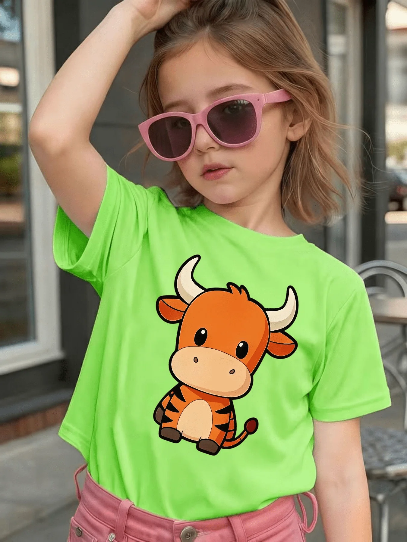 Cute Sitting Cartoon Buffalo Animal Graphic Kids Tee Boys Girls Family Matching Cotton Crew Neck Short Sleeve Soft Summer Tee