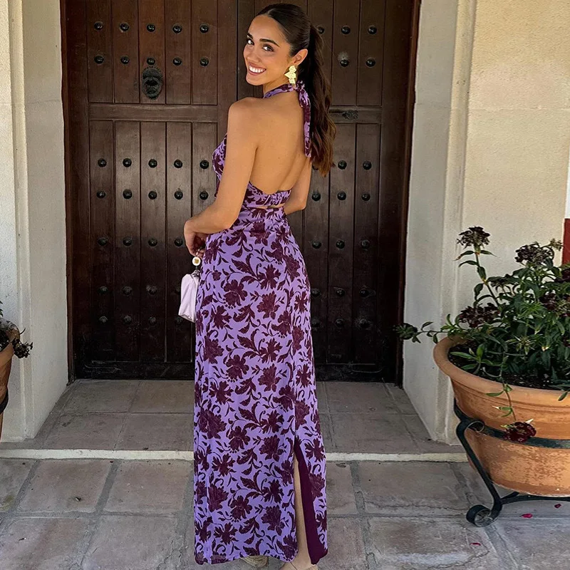 2025Summer New European and American 's Fashion Halter Neck Off-Shoulder Printed Backless Slit Dress Women