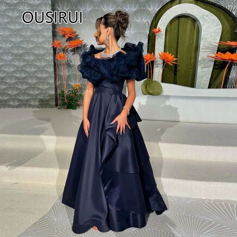 Modest Saudi Arab Satin Sleeveless Evening Party Dress with Ruffles A-line Backless Floor-Length Evening Prom Gown Custom Made