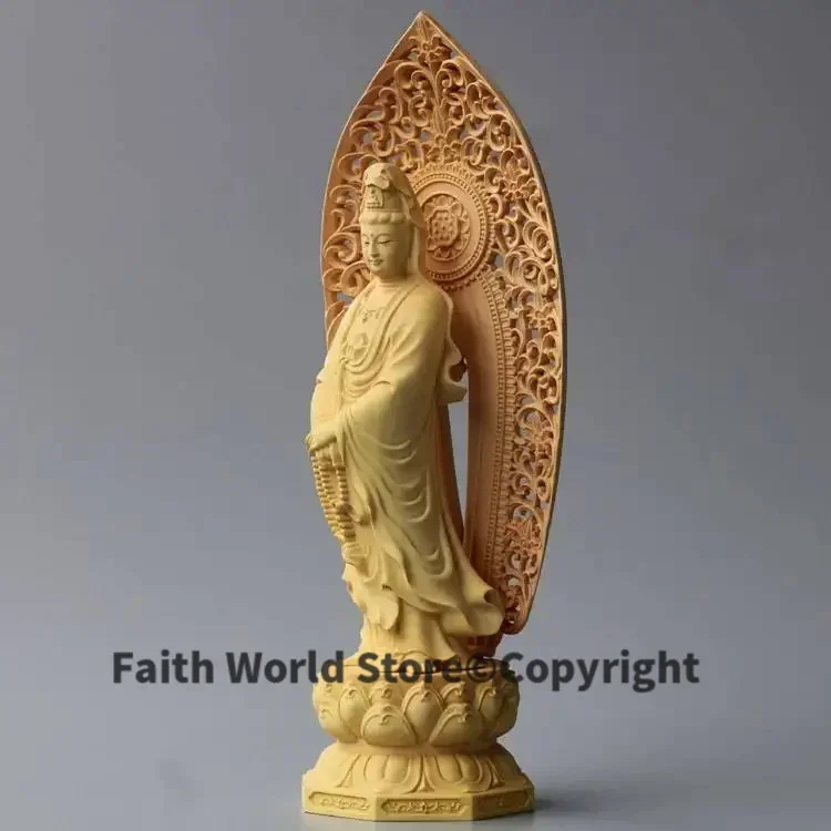 GOOD Avalokitesvara Asia HOME Spiritual protection Bless family # Handmade Yellow pear wood carving Lotus Guanyin Buddha statue