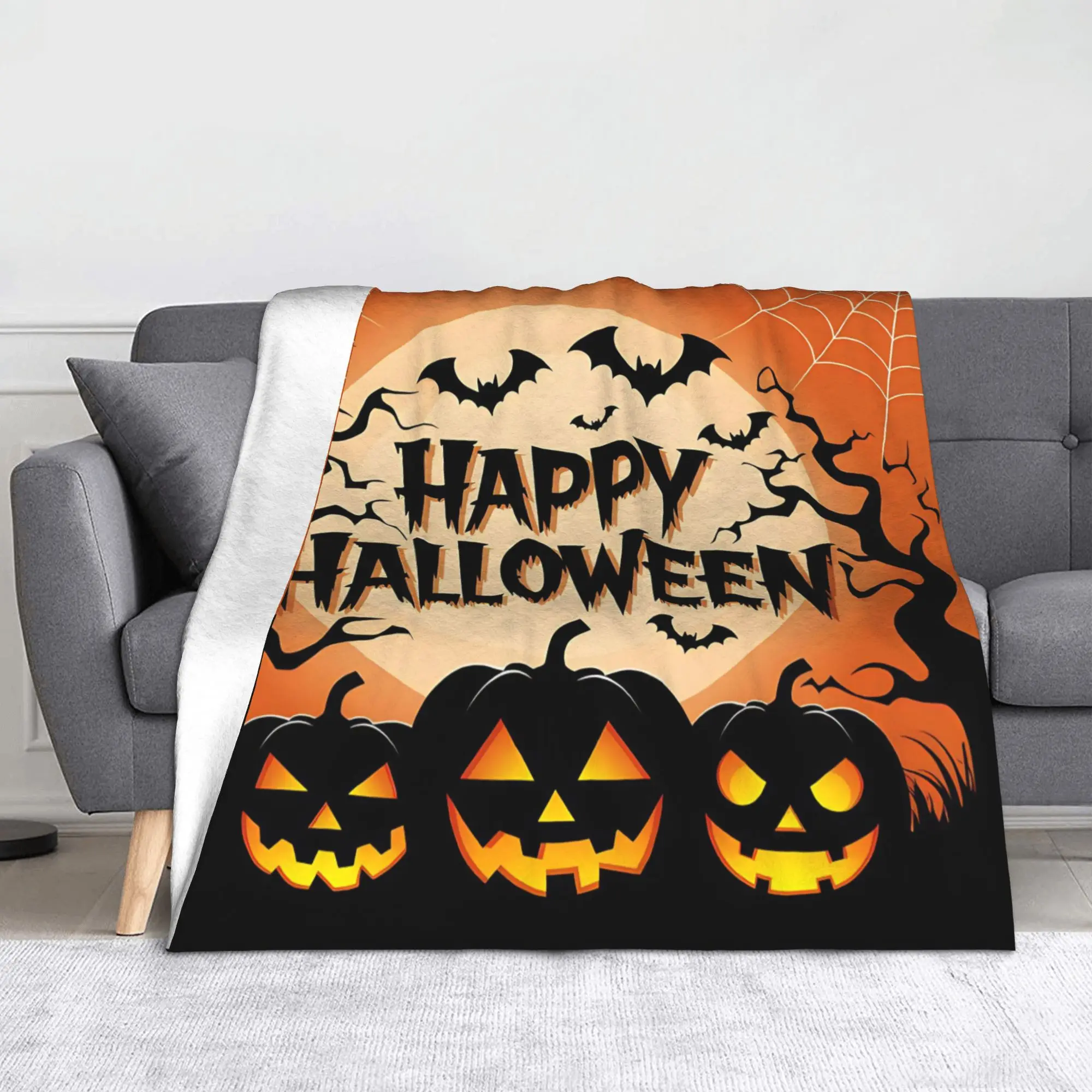 Happy Halloween Celebration Blanket Flannel Pumpkin Bat Soft Throw Blanket for Car Sofa Couch Bedspread