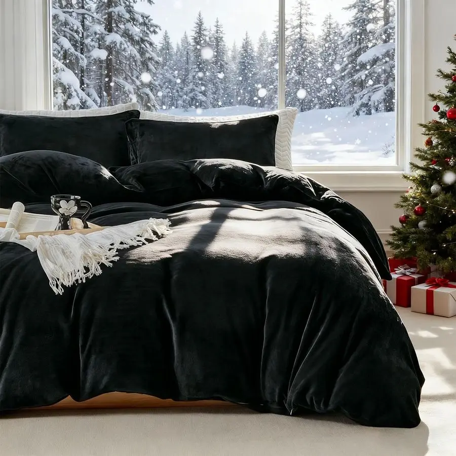 

Black Velvet Duvet Cover Set King Size, Luxury Milk Velvet Bedding Duvet Cover with Zipper Closure, 3pcs Ultra Soft Duvet Covers