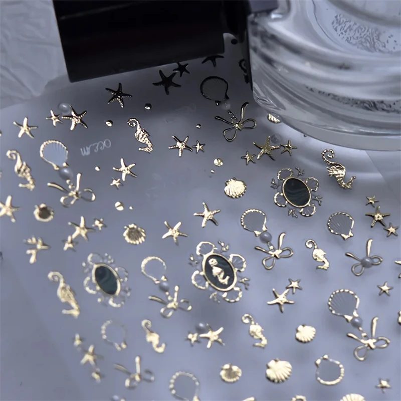 1szt 5D Luksusowe kryształowe diamentowe naklejki do paznokci Białe złoto Brązujące muszle rozgwiazdy Perłowe naklejki do paznokci Ozdoby artystyczne Naklejki