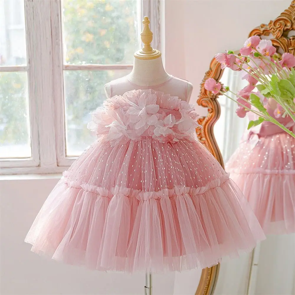 Girls' Fashionable Princess Ball Gown Skirt Dress with Train Children's Mesh Puffy Dress for Kids