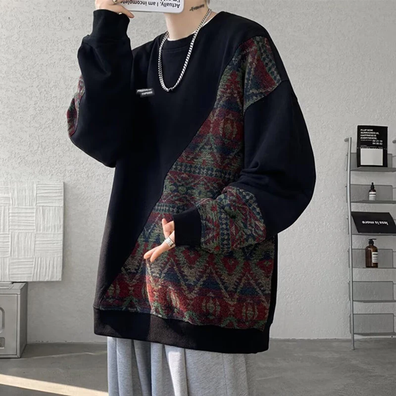 Vintage Nationality Print Spliced Men O Neck Long Sleeve Sweatshirt Autumn Winter Fashion Harajuku Casual 2xl Oversized Pullover