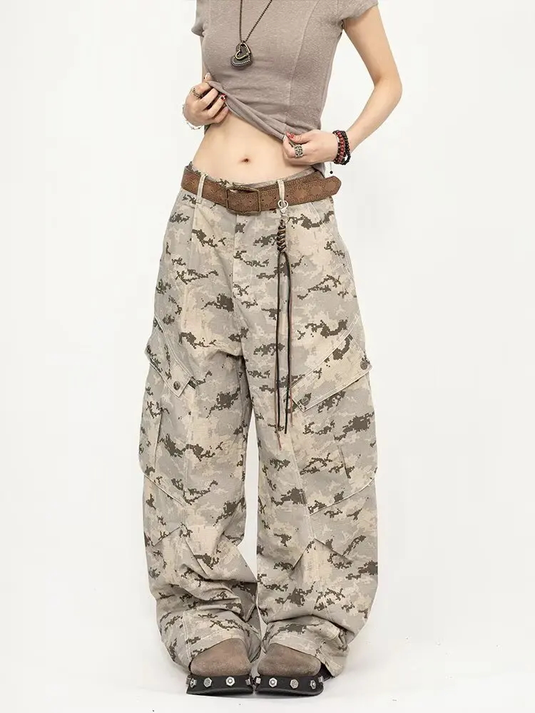 High Waist Straight Leg Camouflage Workwear Pants Women's Wide Leg Fashion Simple Casual Trousers Hip Hop Street Style Jeans