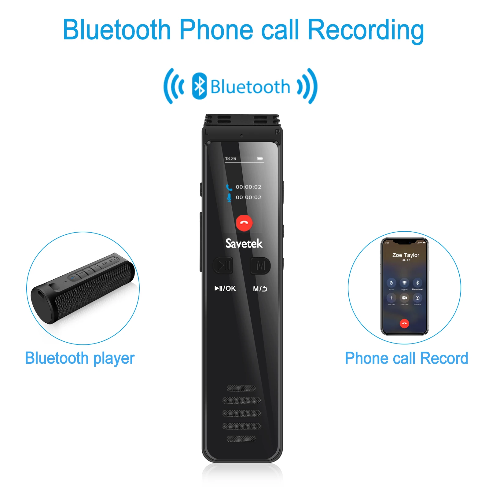 

Bluetooth Voice Activated Digital Voice Recorder Savetek 32GB 64GB USB Pen Phone Call Recording 3072Kbps Lossless Mp3 Player