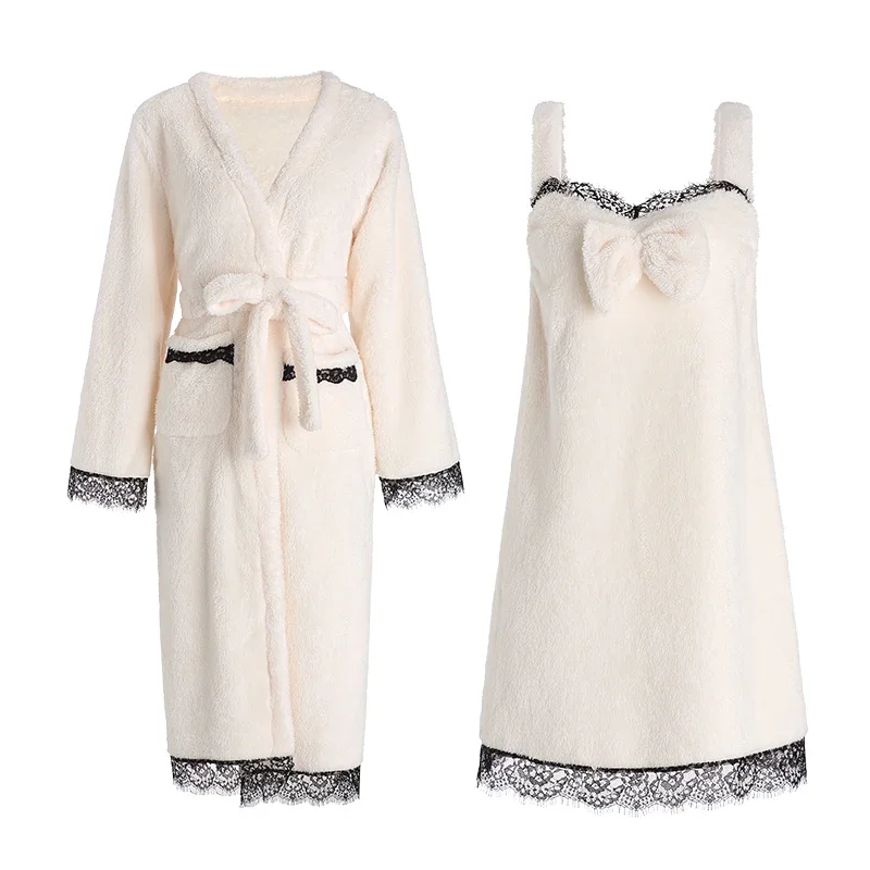 REBEYULI Brand Winter Robe Gown Sets Women Sexy Flannel Lace Splice Sleeping Dress Comfortable Outerwear Sexy Sleepwear Women