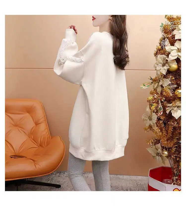 Felpa con cappuccio sottile medio lungo Graffiti con personalità da donna, maniche patchwork con bordo arricciato, top ampio con blocco della carne