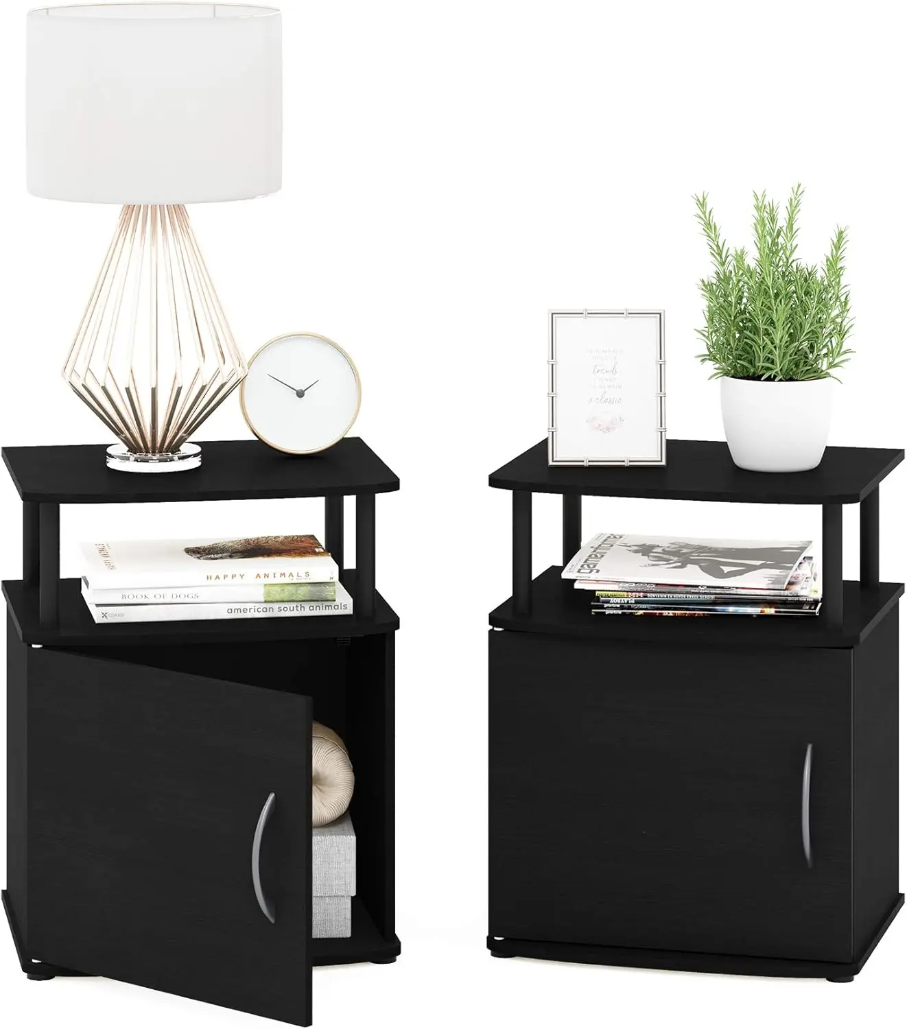 

2-Pack End Side Table with Door, Black Wood, PVC Tubes, Nightstand for Living Room