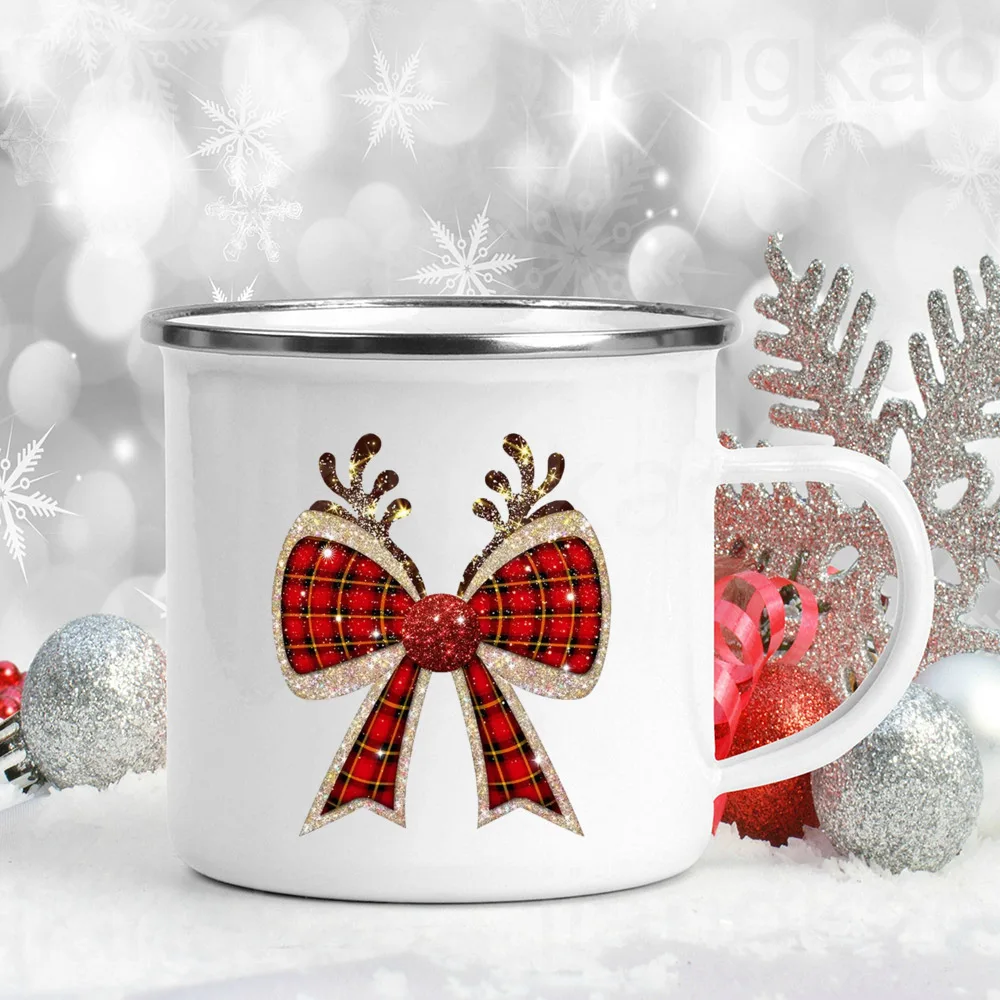 Christmas Vibes Bow Printed Enamel Coffee Mugs Christmas Party Wine Beer Juice Drink Cups Home Kitchen Drinkware Gifts for Her