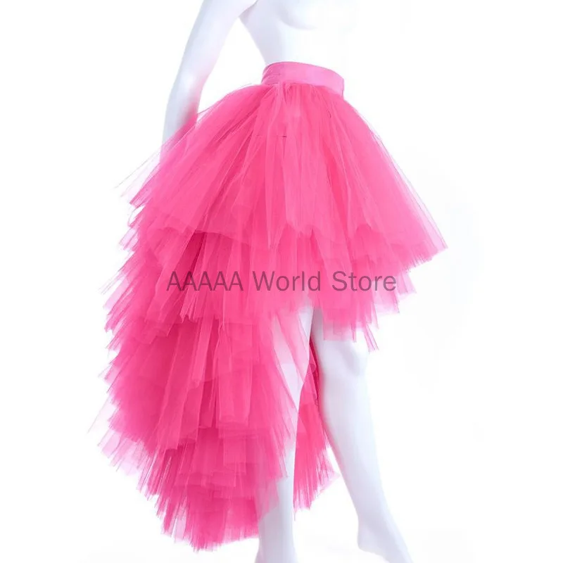 Image of Neue Frauen Mode Tiered Tüll High Low Röcke Elastische Taille Petticoat Puffy Unregelmäßigen Langen Tüll Rock Weibliche Hochzeit Kostüm