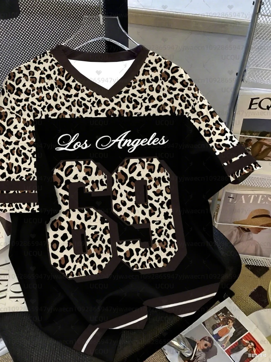 T-shirt sportiva da donna per ragazza e ragazzo Los Angeles NO.69 con stampa manica corta estiva T-shirt sportiva per adulti con stampa leopardata taglie forti