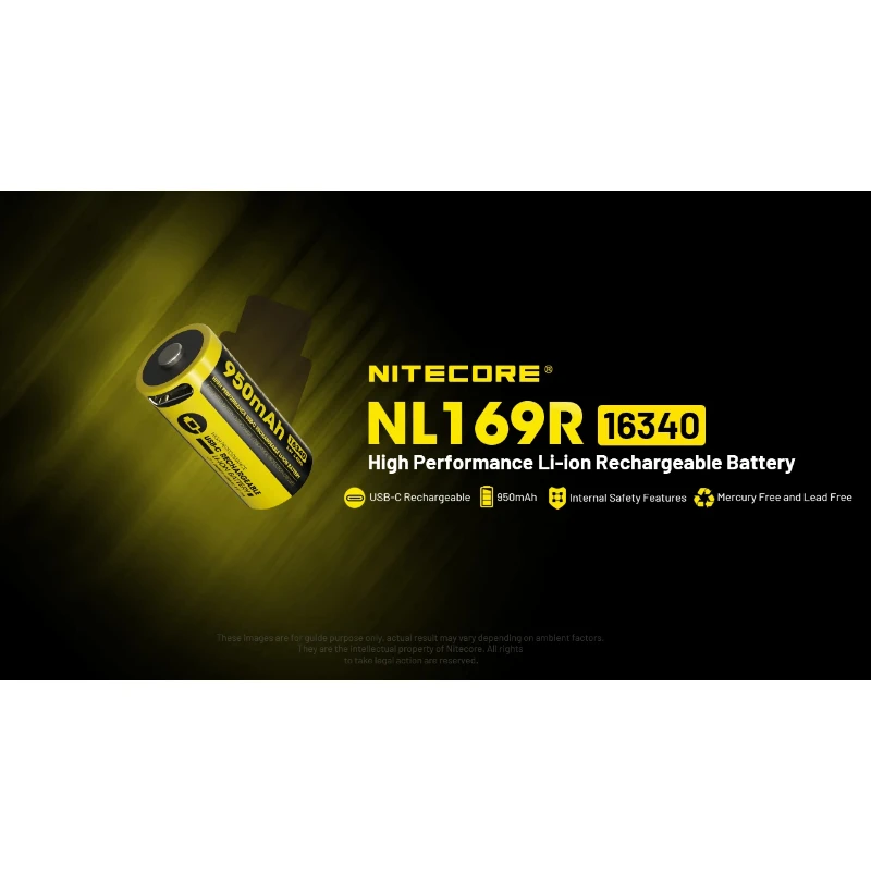 NITECORE NL169R 950mAh 3.6V RCR123A High Performance Battery USB-C 16340 Battery