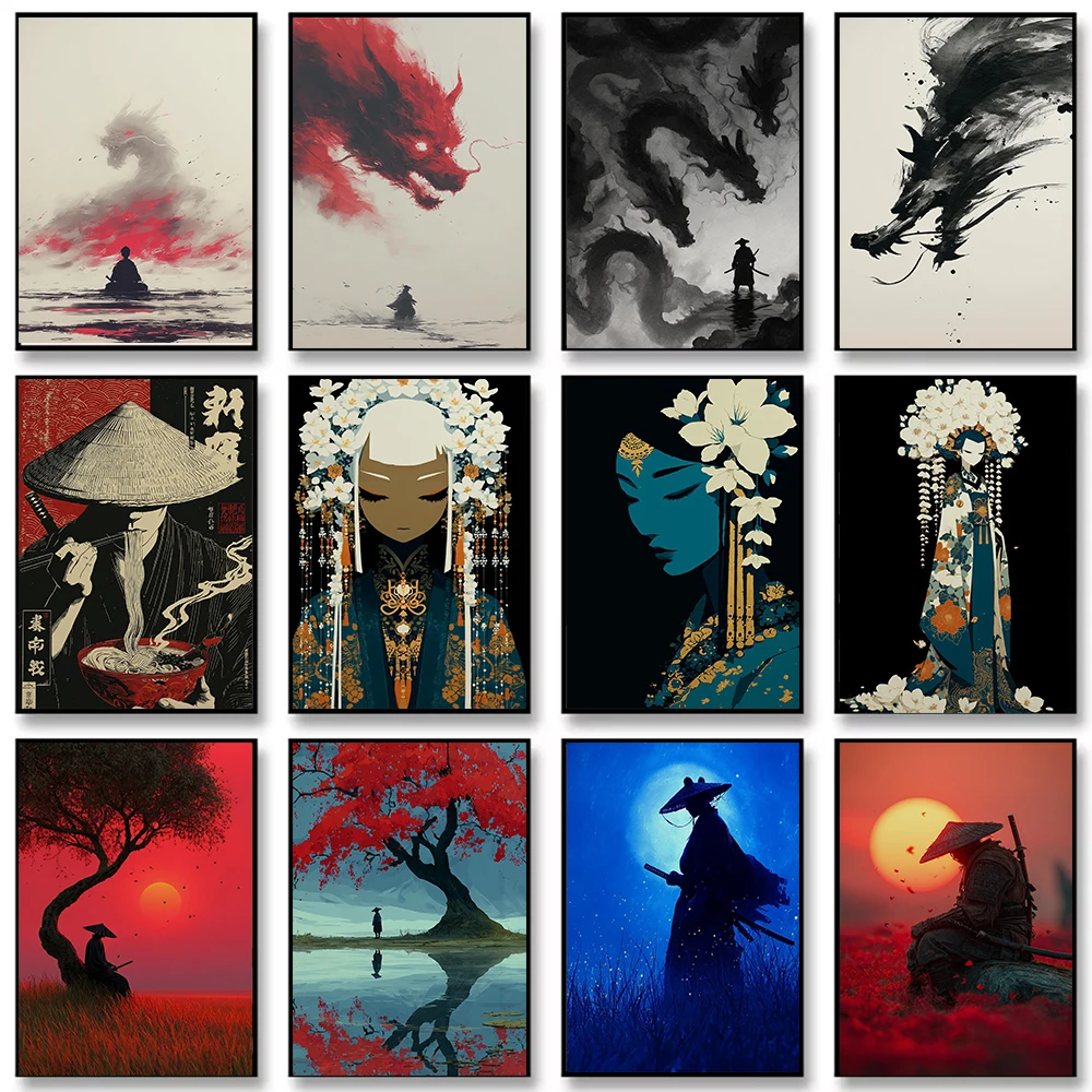 Japanese Zen Samurai Silhouette Ink  Myth Beasts Blue Fantasy Canvas Painting Wall Art Poster Picture Home Decor Mural Cuadros