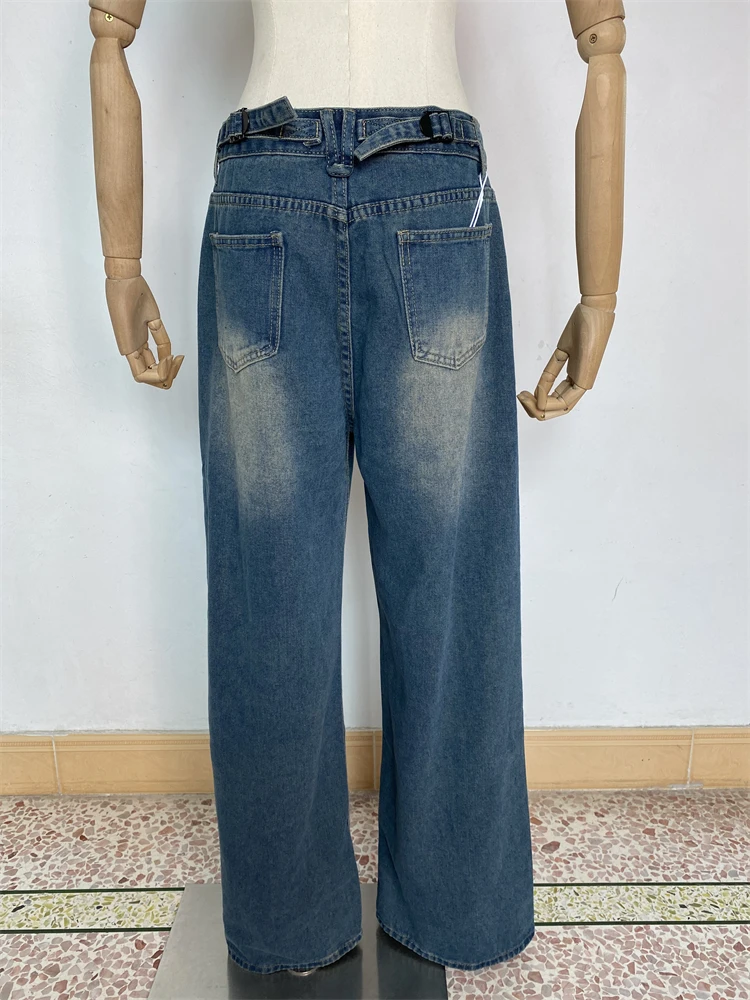 

Женские винтажные потертые синие широкие джинсы, повседневные джинсовые брюки в уличном стиле, женские прямые свободные брюки с высокой талией