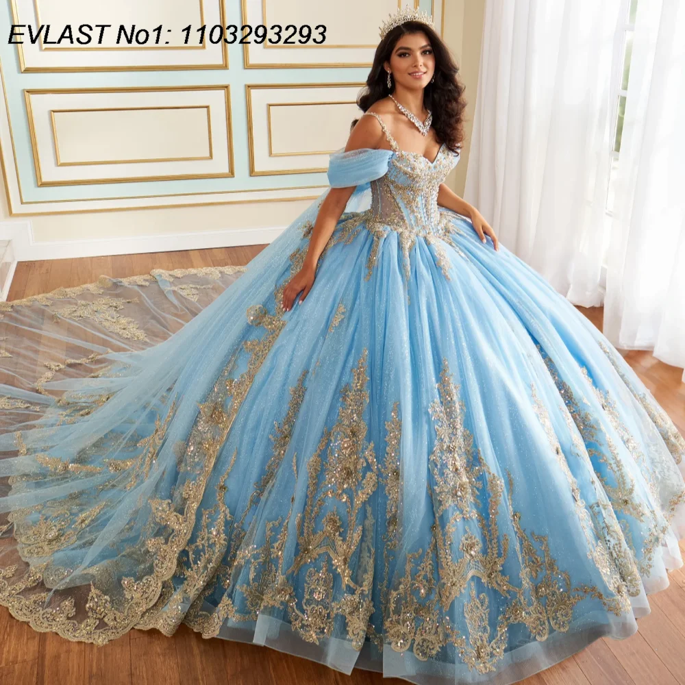 

EVLAST Customized Shiny Sky Blue Ball Gown Quinceanera Dress Gold Lace Applique Beaded Cape Sweet 16 Vestidos De 15 Anos E1QN267