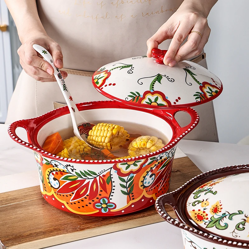 Bohemian ear soup bowl with lid and spoon household high-grade ceramic bowl large soup pot