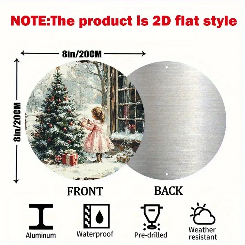 2D Flat, a 20.32cm Inch Round Tin Christmas Scene Hanging Decoration, Suitable for Home, Bar, Garage—Multifunctional Vintage Wall Art, No Power Required
