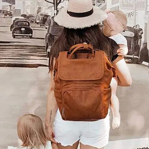 PU Leather Diaper Bag Backpack Unisex Baby Travel Bag with Changing Mat Large Capacity Travel Diaper Backpack for Mom