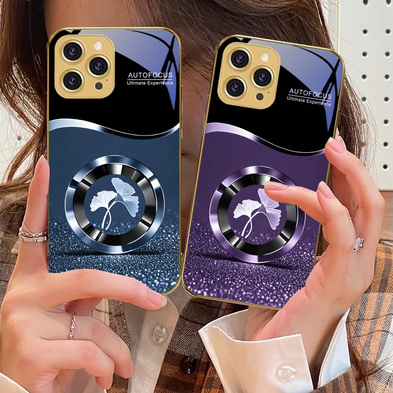 

Blue Ginkgo Leaves For IPhone 16 16Pro Max 15 P ro 14 13 Plus 12 Mini 11Pro Max XS Max XR Golden tempered glass phone case