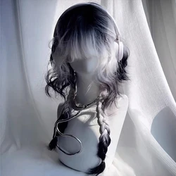 EAST Synthetic Complete Wig For Female Lolita Black And White Gradient Top Dye Wool Roll Jellyfish Head Slightly Curled